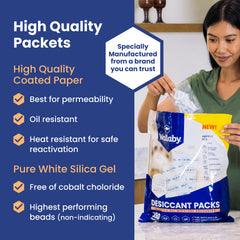 Wallaby torn packet showing white silica beads and clear moisture absorption benefit