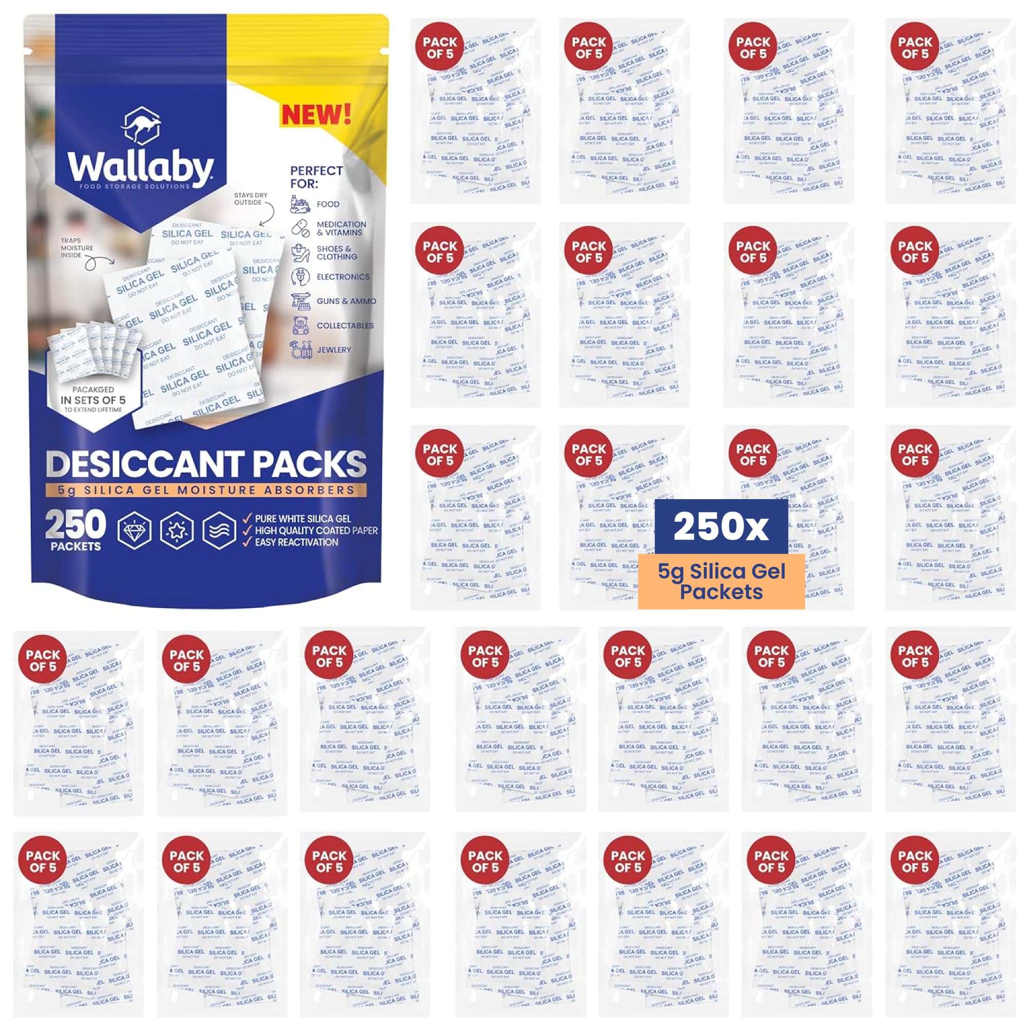 Wallaby front packaging showing 250 silica gel packets and product labeling for clarity