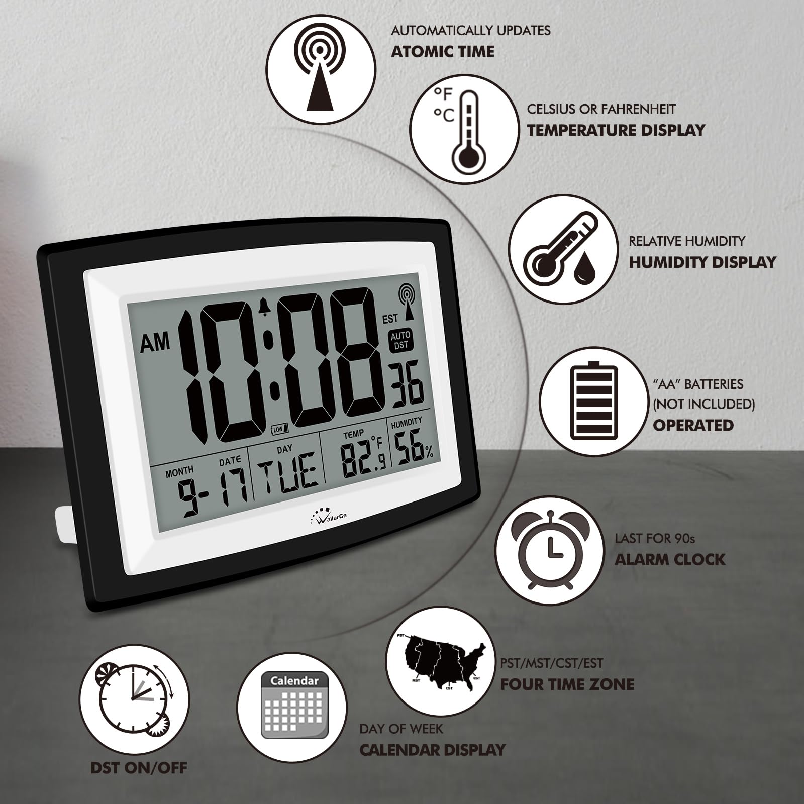 WallarGe clock control panel and label showing simple settings and benefits