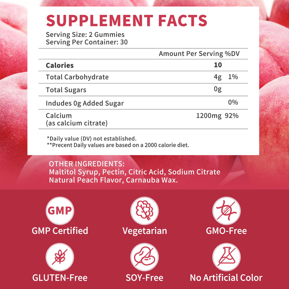 Wanish gummies next to fresh peach illustrating natural peach flavor