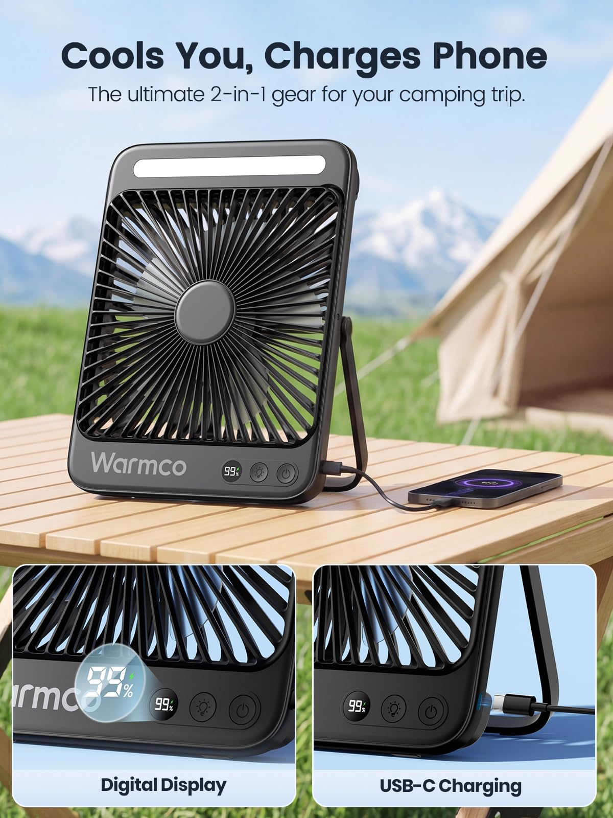 Warmco D4 hanging in a tent, brand provides overhead cooling and light