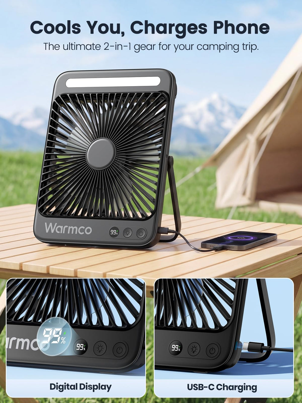 Warmco D4 hanging in a tent, brand provides overhead cooling and light