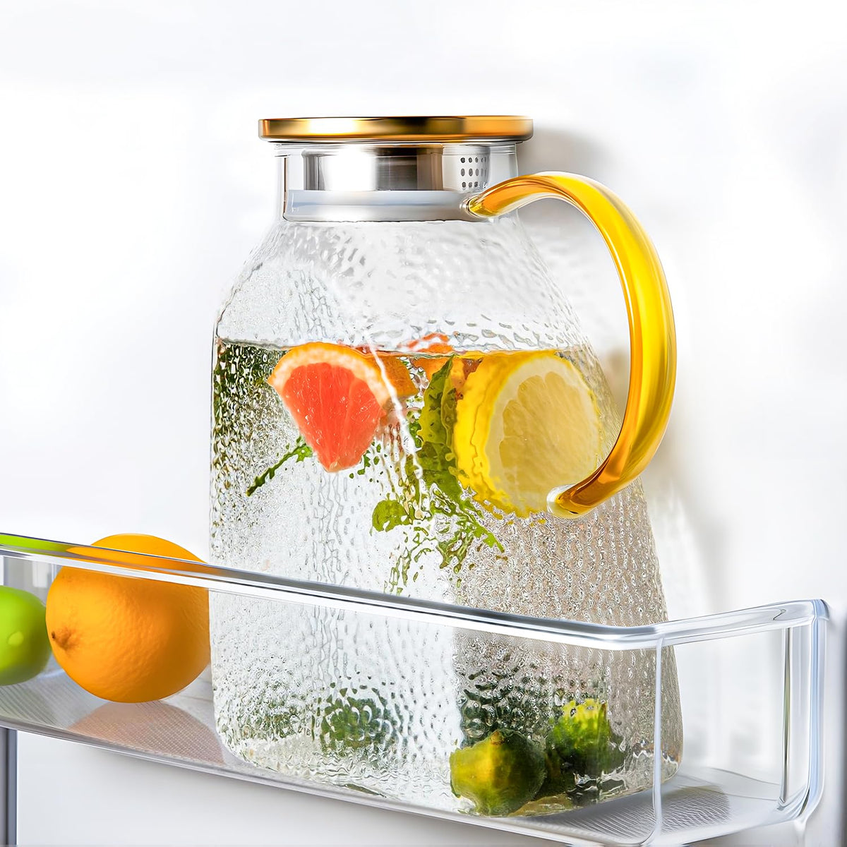 WARMSIMPLE front view of full pitcher showing elegant hammered glass and capacity benefit