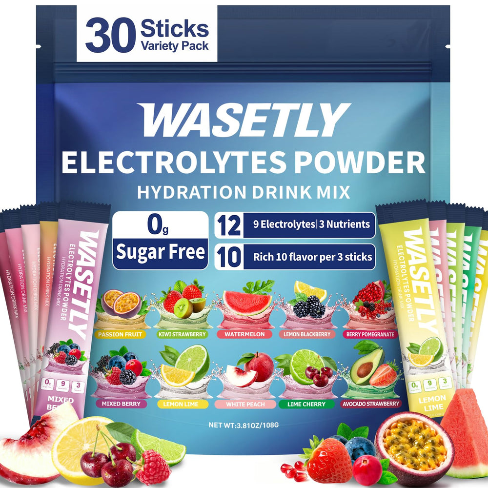 WASETLY front packaging of 30 sugar-free electrolyte sticks showing variety and benefits