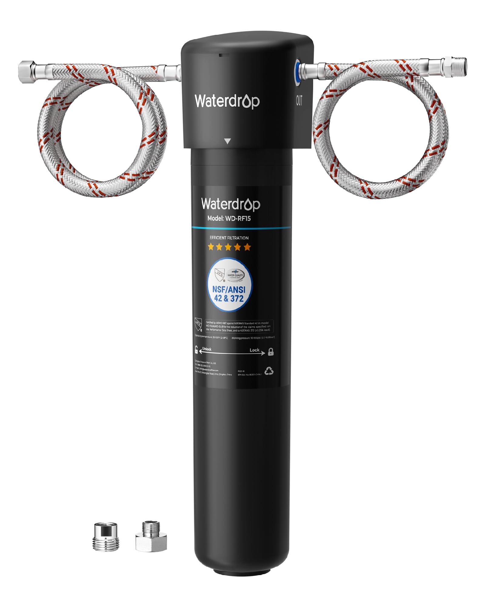 Waterdrop 15UA front view showing compact under-sink unit and benefits