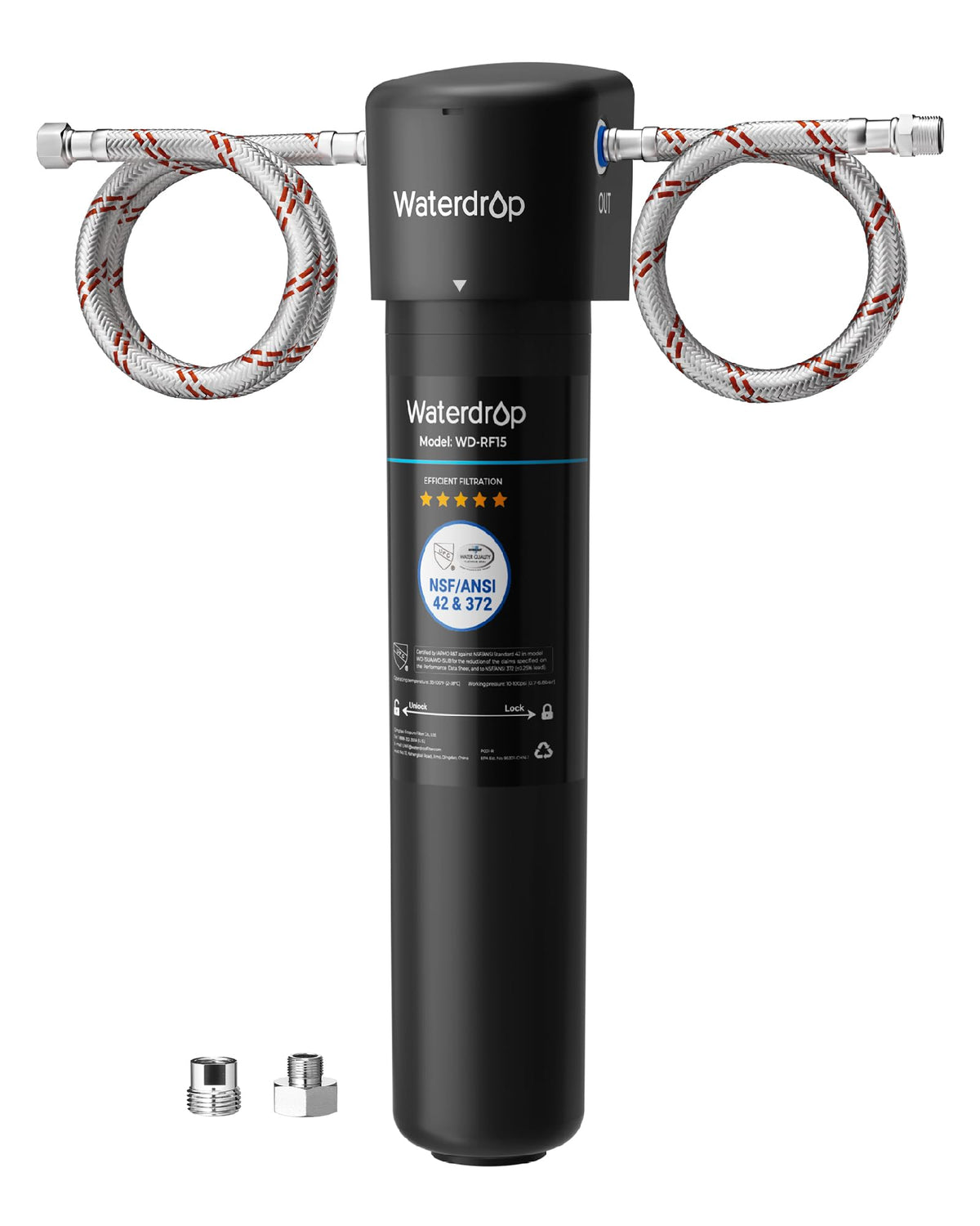Waterdrop 15UA front view showing compact under-sink unit and benefits