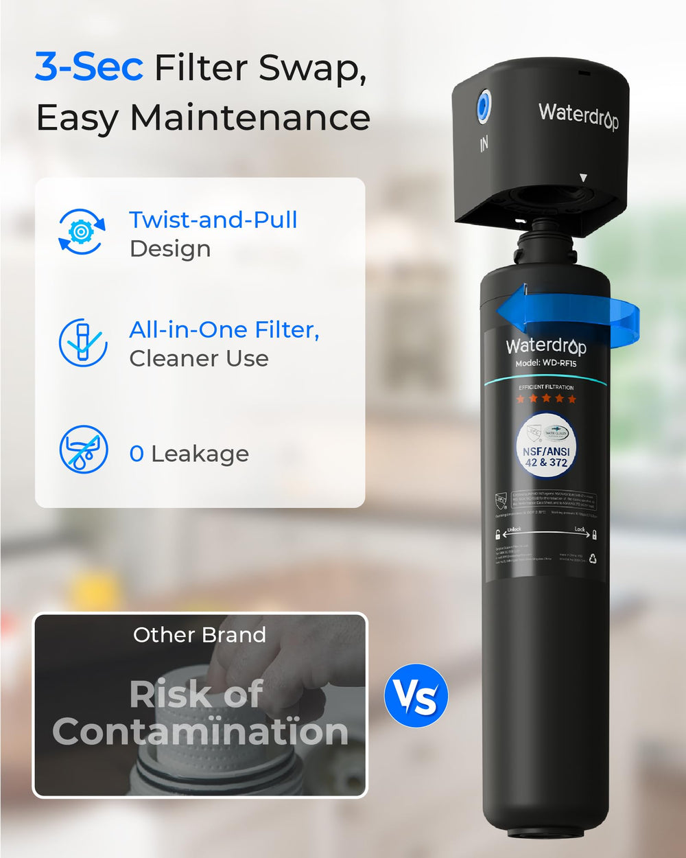 Waterdrop in a kitchen setting showing clean-water convenience benefit