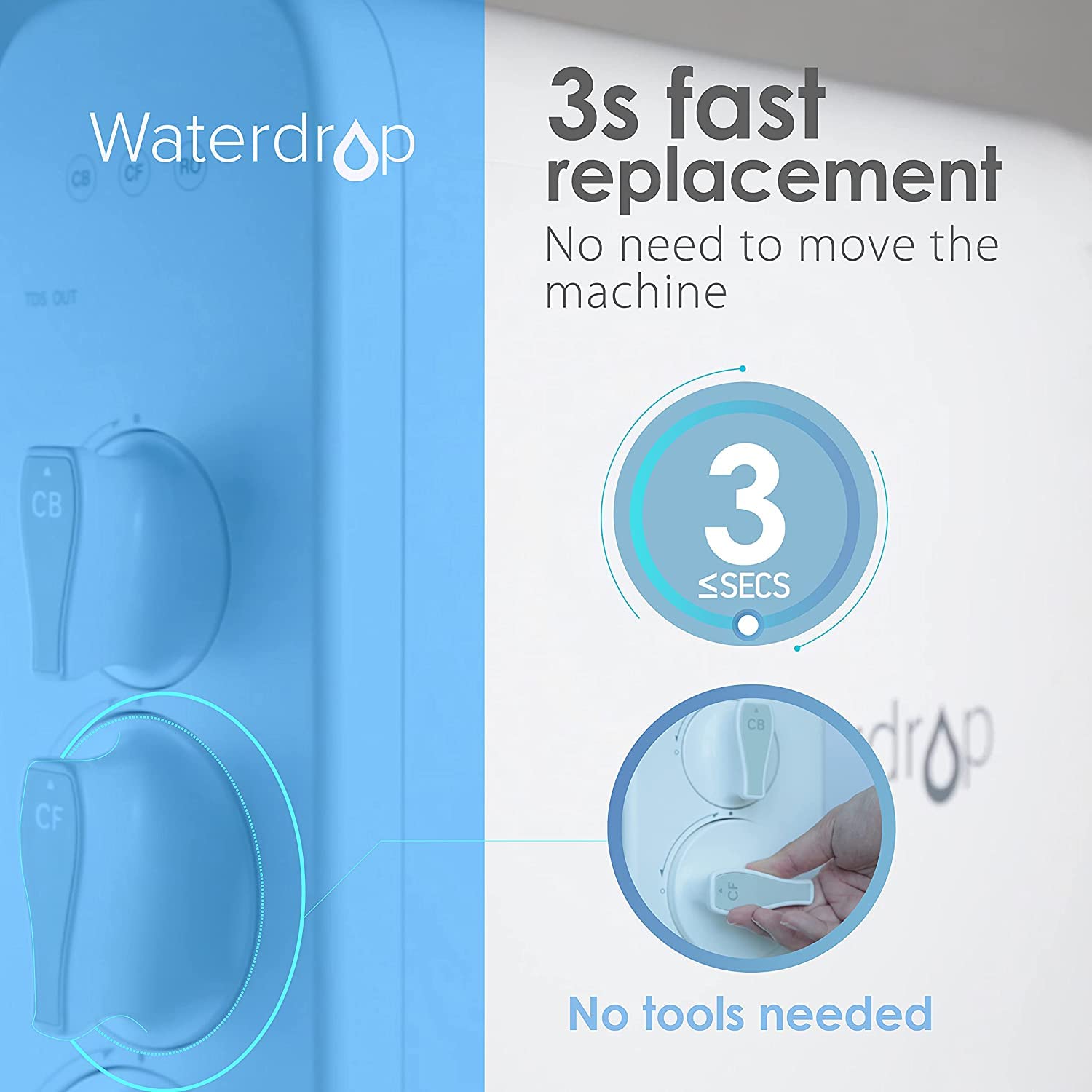 Waterdrop G3-N1CF held in hand for scale showing compact size and easy handling advantage