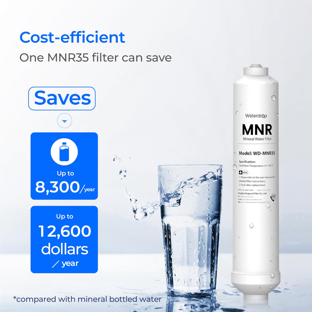 Waterdrop MNR35 filter core closeup showing mineral media and consistent mineral release