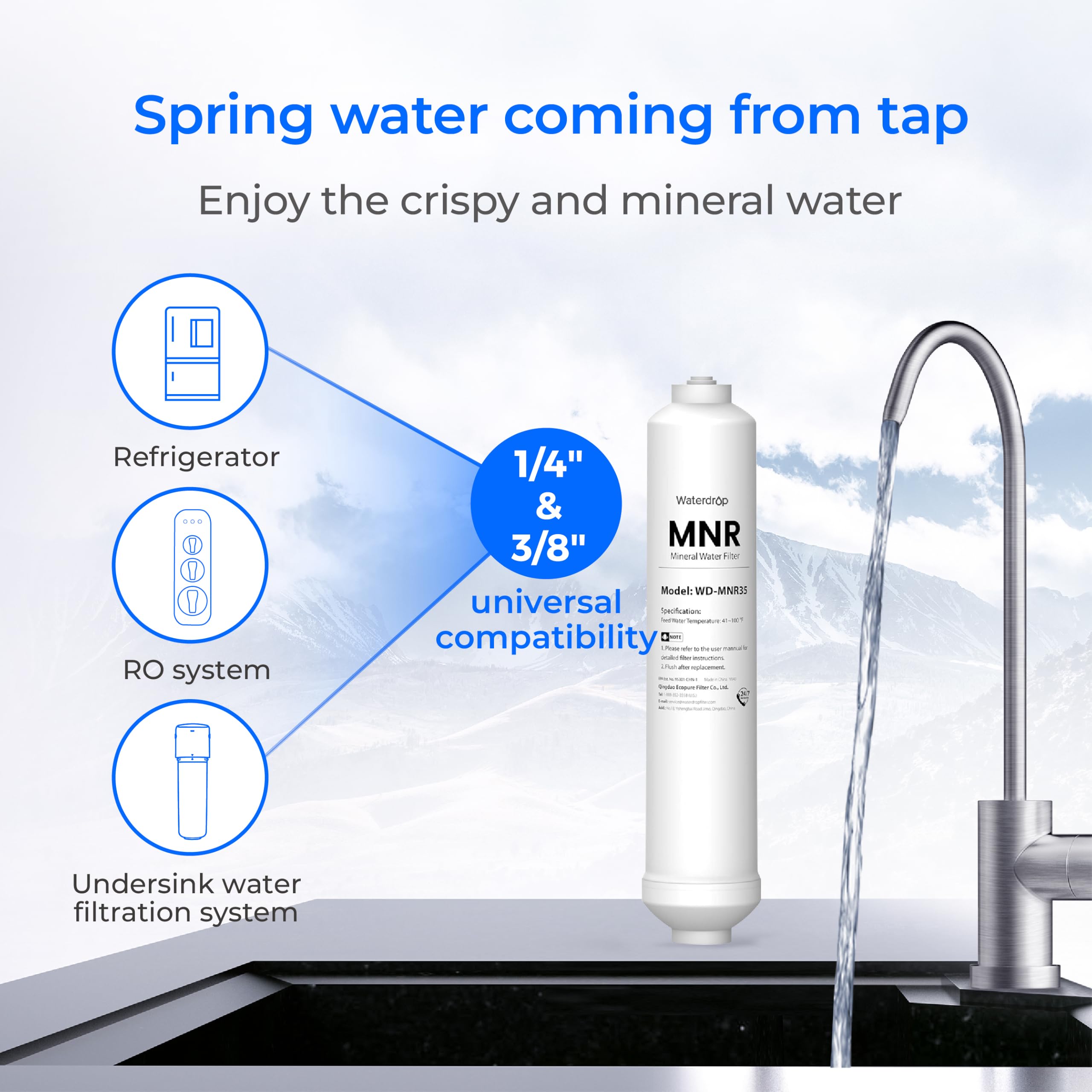 Waterdrop MNR35 side label detail highlighting capacity and compatibility benefits