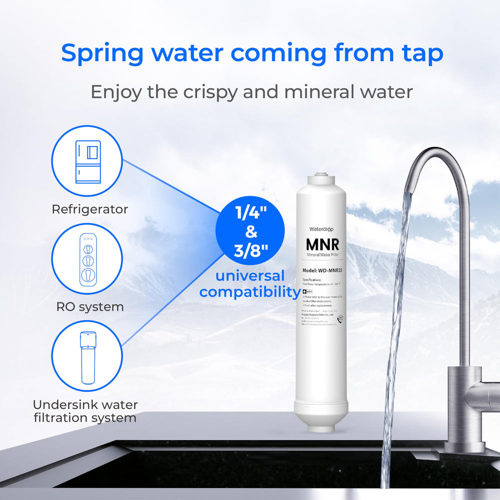 Waterdrop MNR35 side label detail highlighting capacity and compatibility benefits