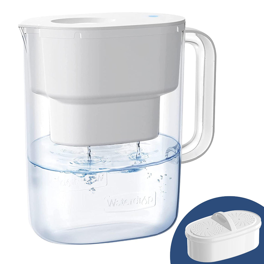 Waterdrop PT-07W front view showing clean white pitcher and compact design benefit