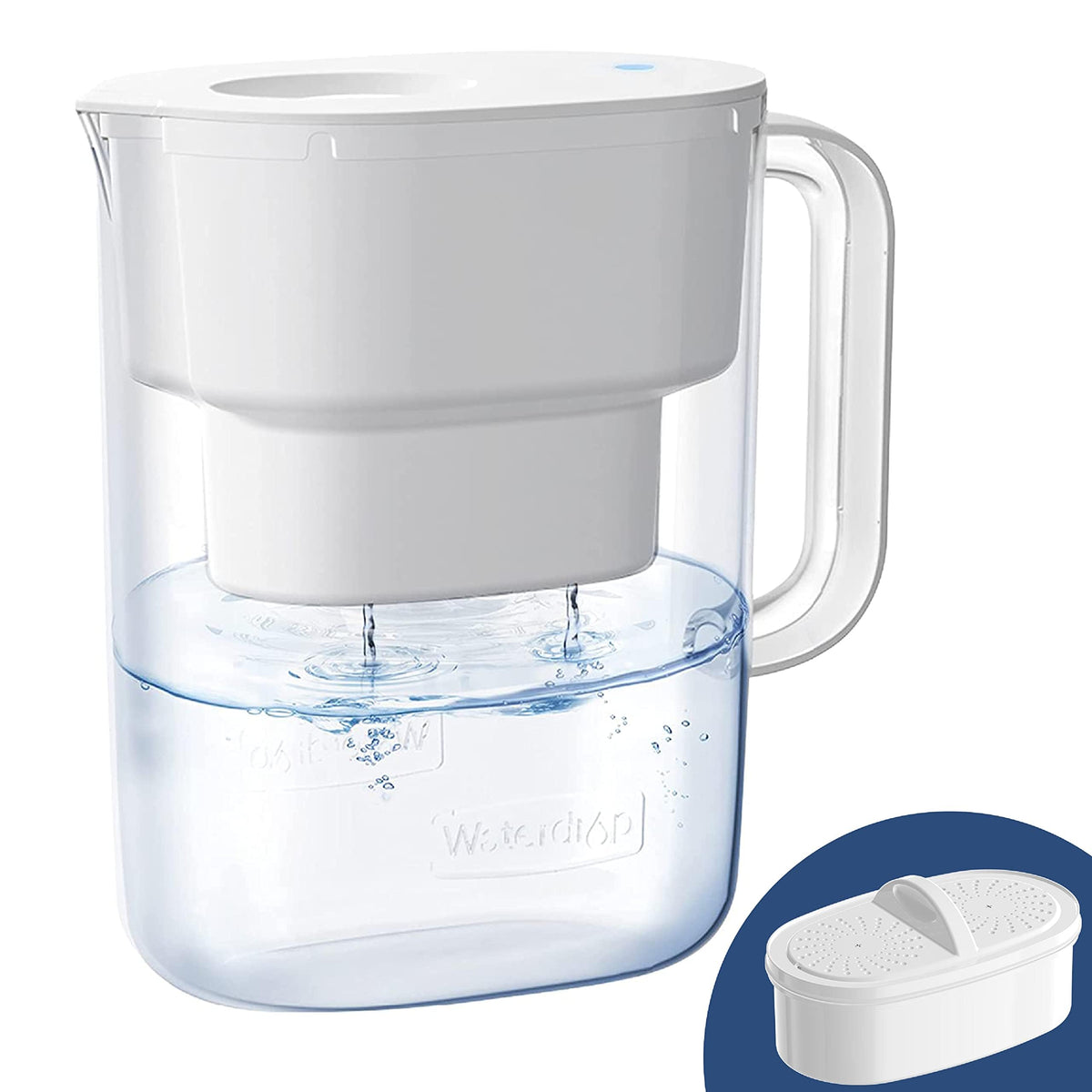 Waterdrop PT-07W front view showing clean white pitcher and compact design benefit