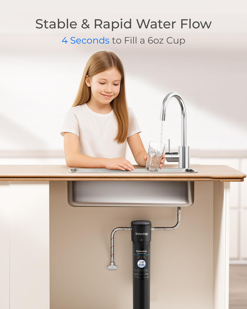 Waterdrop RF15 water flow close-up showing consistent faucet output benefit
