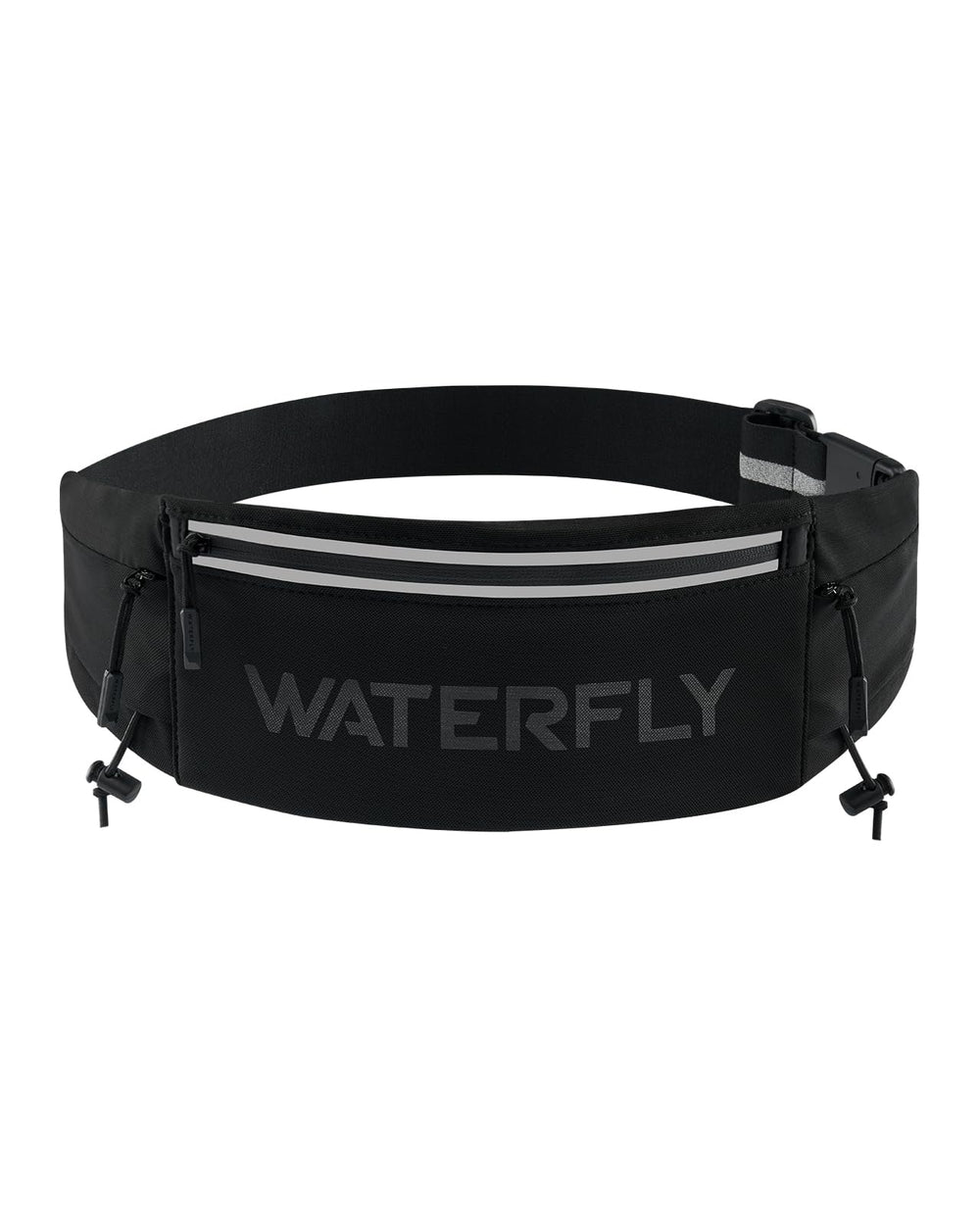 WATERFLY front view showing slim black pack and organized pockets benefit visibility