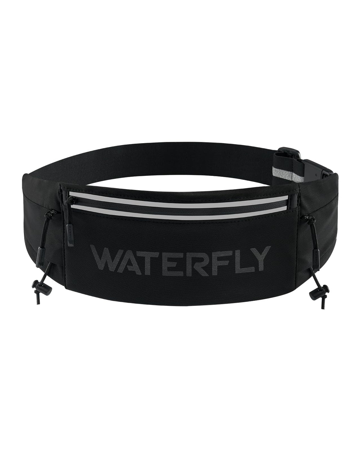 WATERFLY front view showing slim black pack and organized pockets benefit visibility