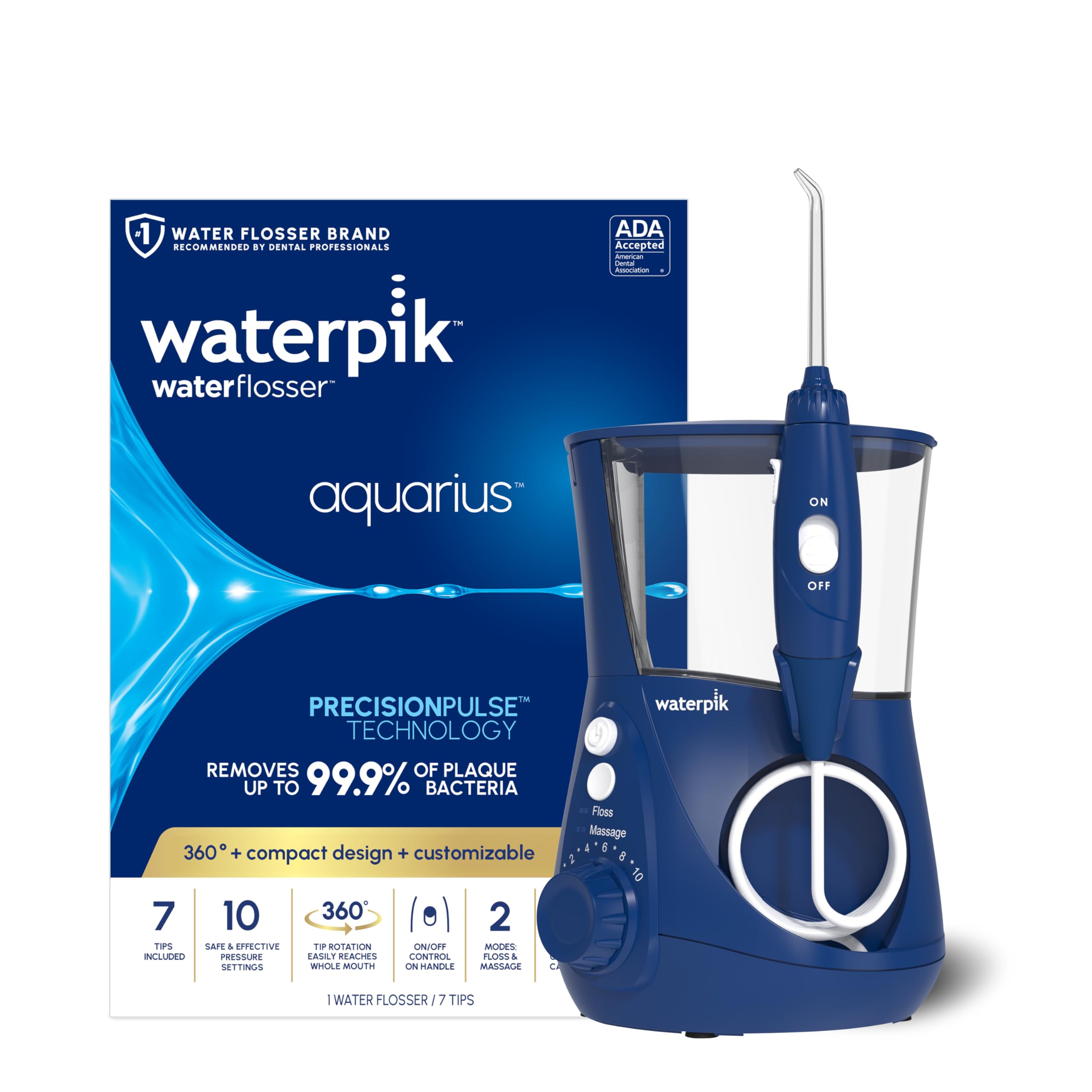 Waterpik Aquarius front view showing blue unit and control panel, easy customization