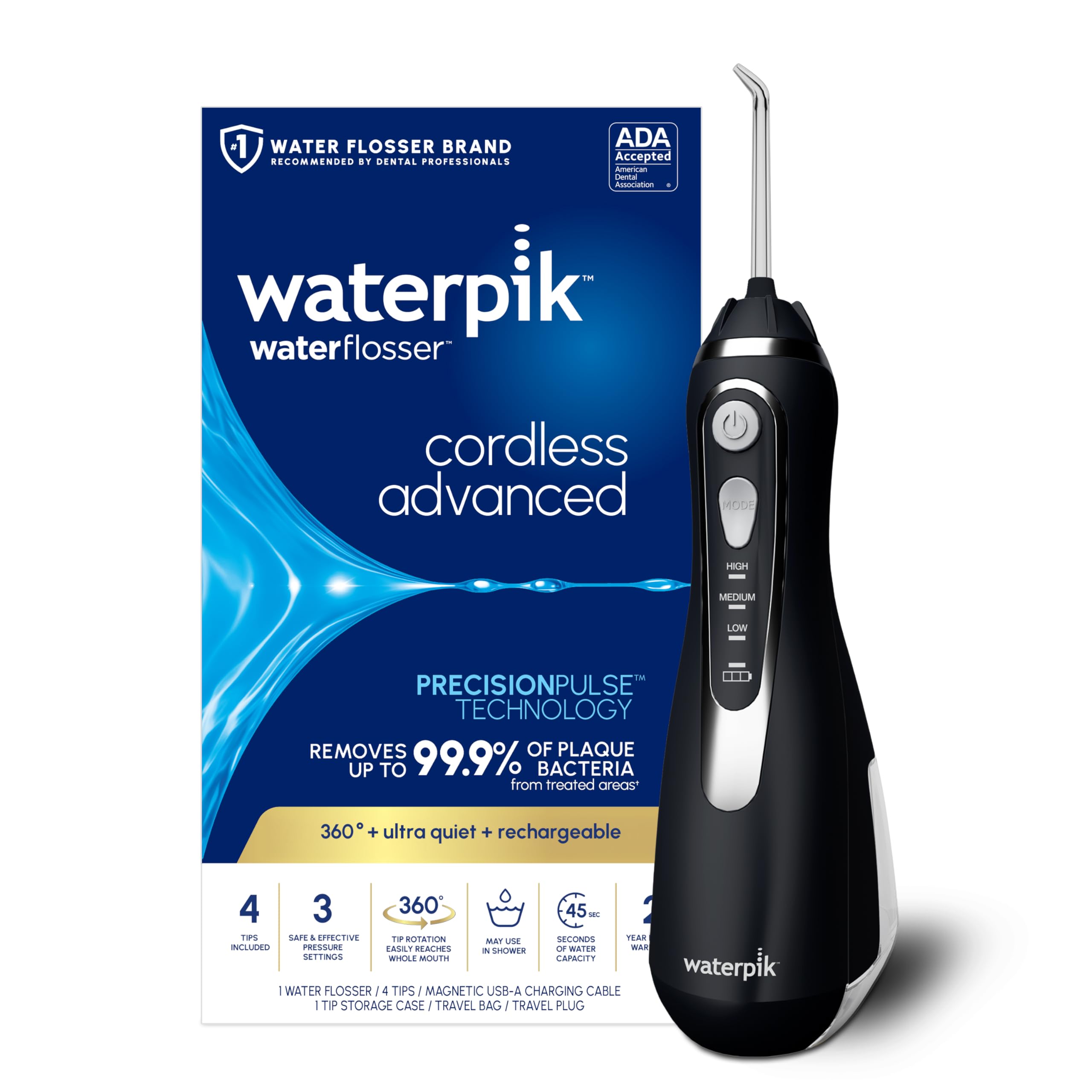 Waterpik Cordless Advanced front view showing sleek black design and compact benefit