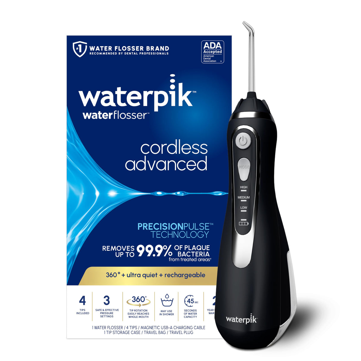 Waterpik Cordless Advanced front view showing sleek black design and compact benefit