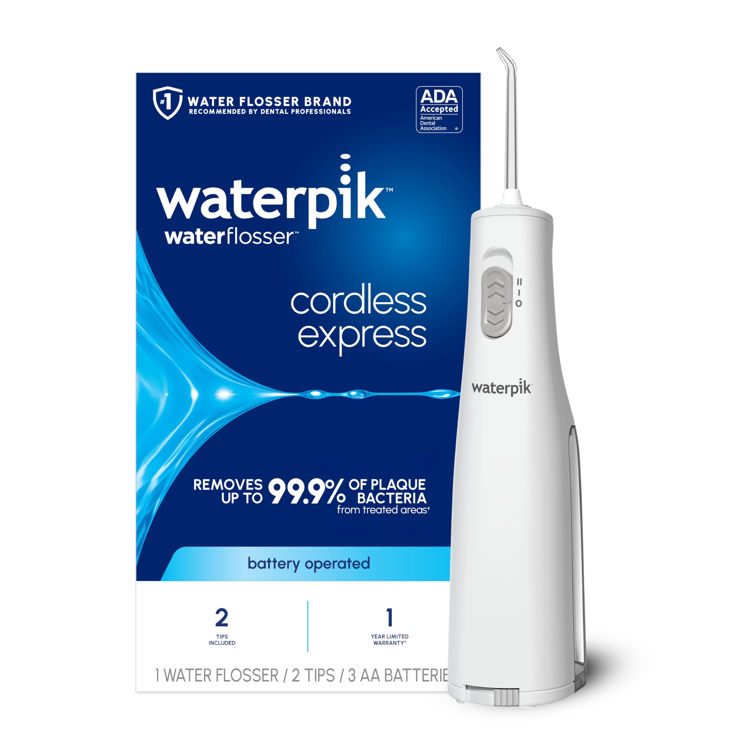 Waterpik Cordless Express front view showing compact handheld unit and benefits of portability