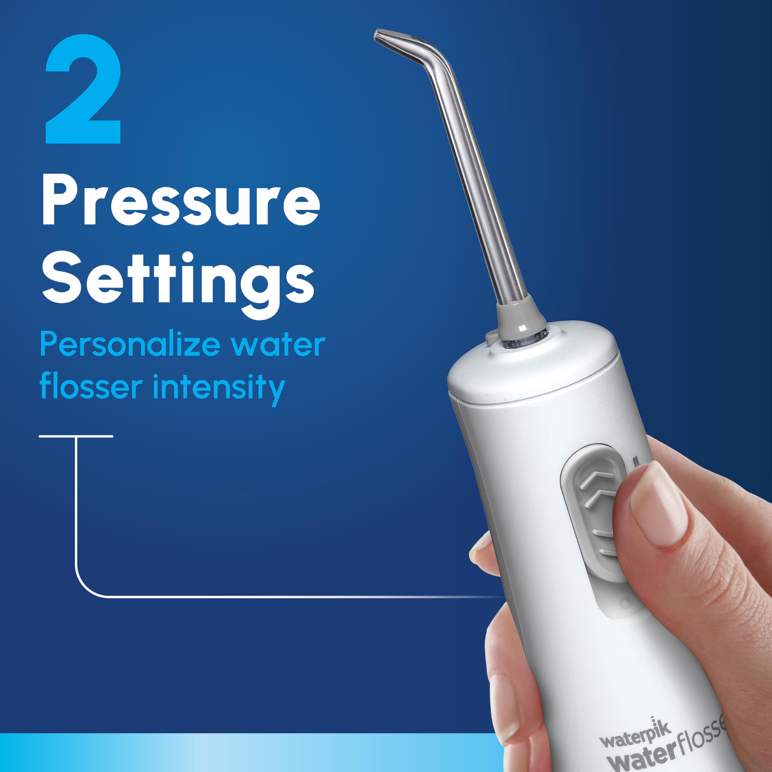 Waterpik beside toothbrush to show compact size and easy storage benefit