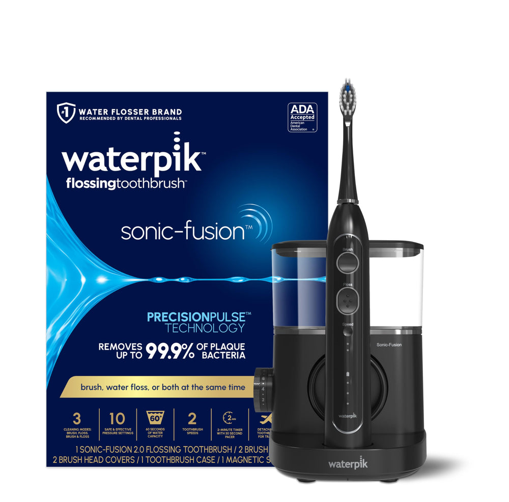 Waterpik Sonic‑Fusion front view showing unit and reservoir for efficient combined cleaning