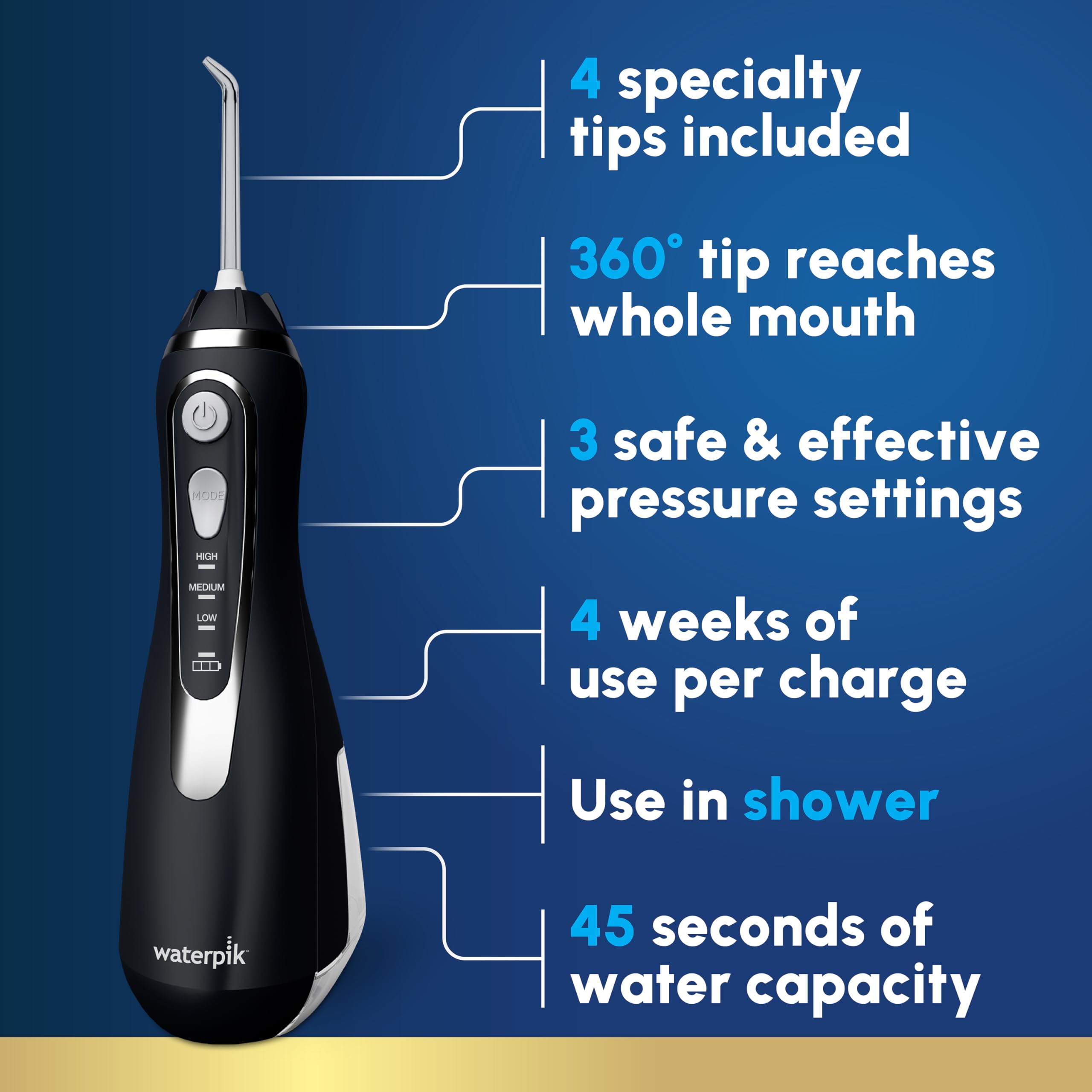 Waterpik close-up of 360-degree rotating tip demonstrating easier reach to back teeth