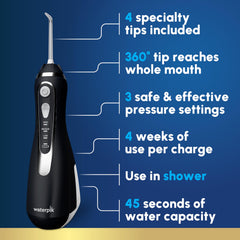 Waterpik close-up of 360-degree rotating tip demonstrating easier reach to back teeth