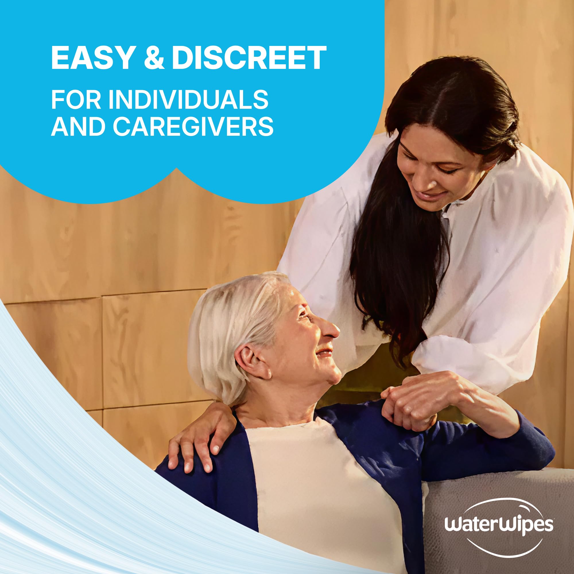 Caregiver using WaterWipes on senior to show comfortable, efficient care