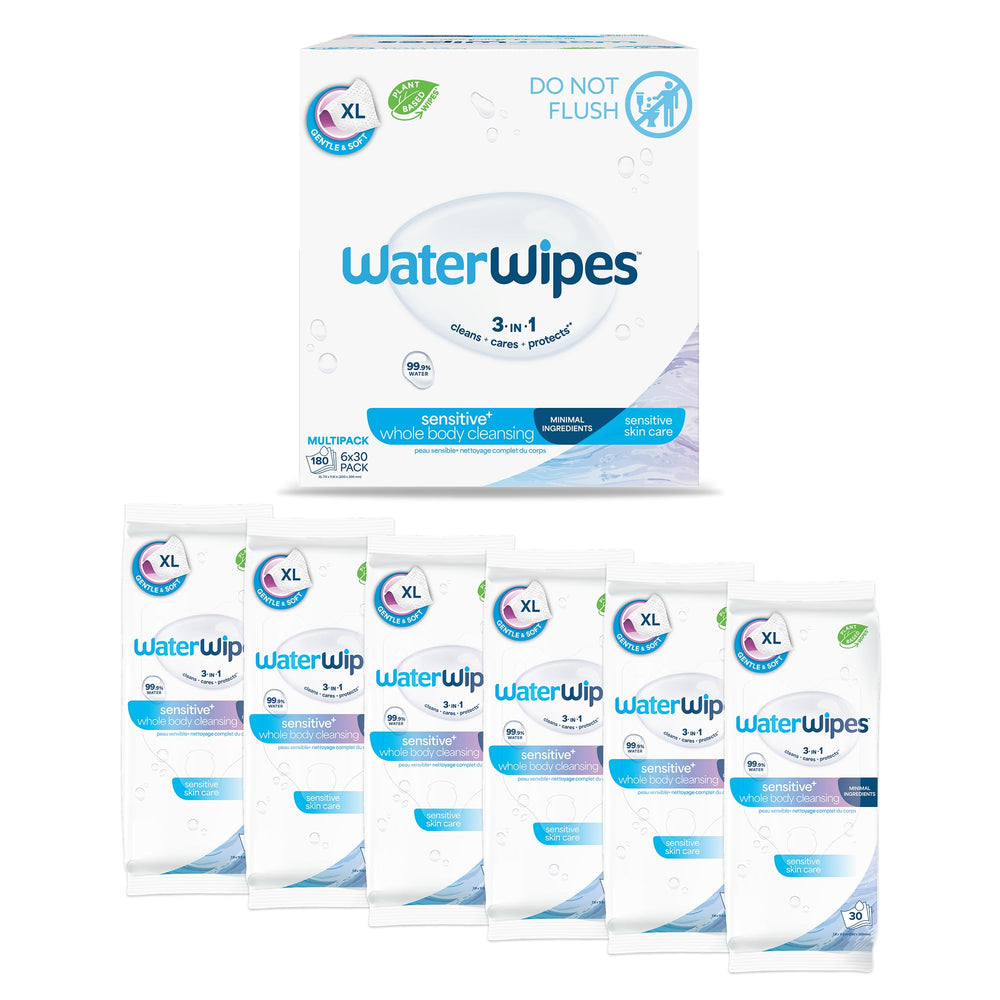 WaterWipes front pack showing XL 180 count and clear branding for easy choice