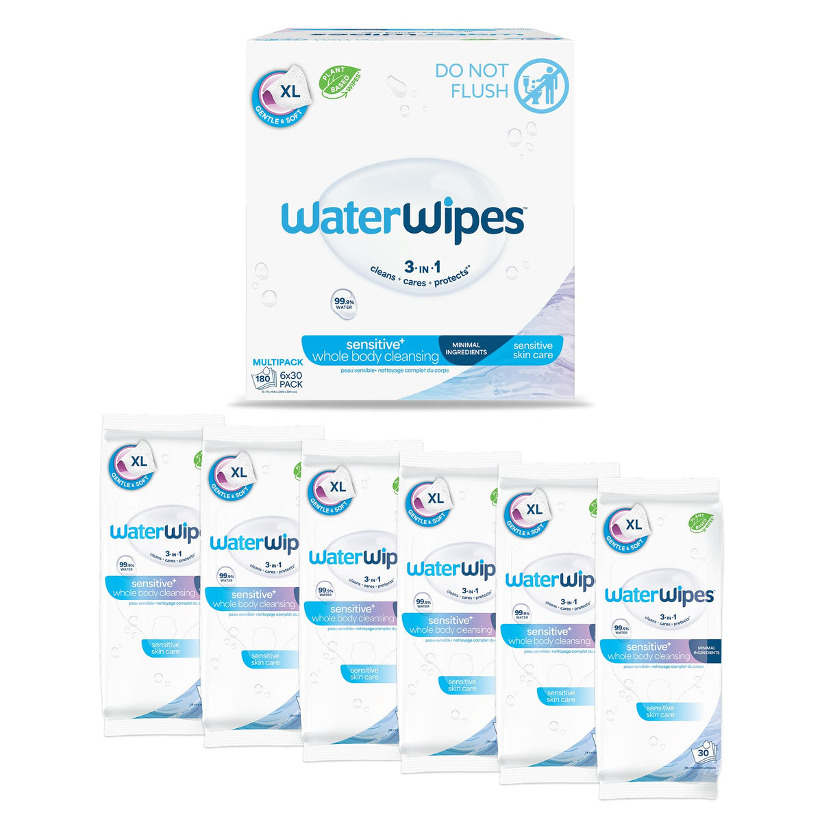 WaterWipes front pack showing XL 180 count and clear branding for easy choice