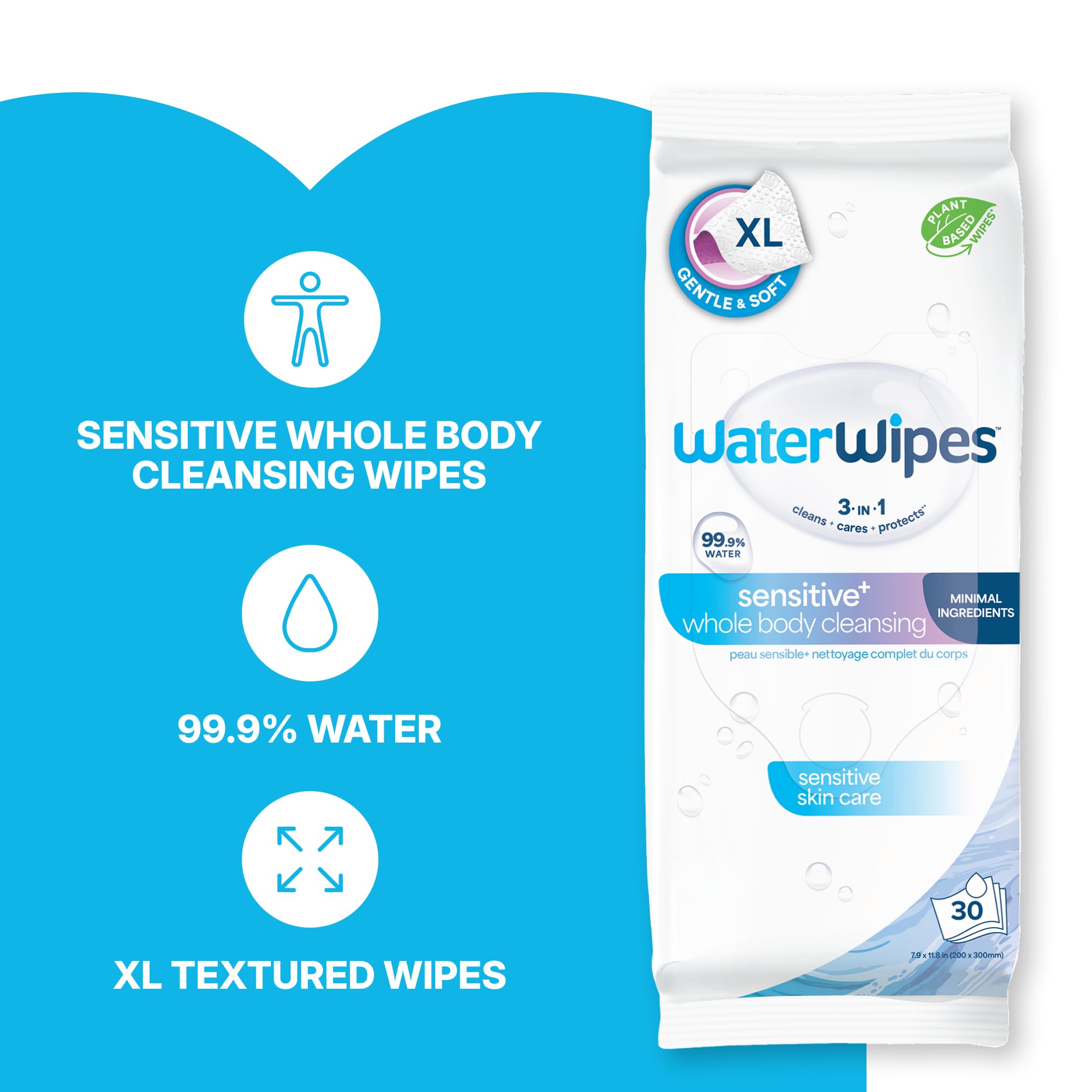 WaterWipes single opened wipe full-size to illustrate large coverage benefit
