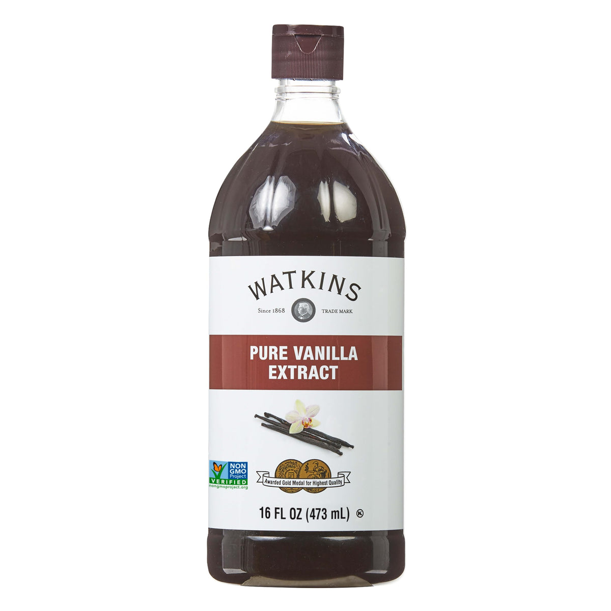 Watkins bottle front packaging showing brand and 16 ounce size for pantry convenience