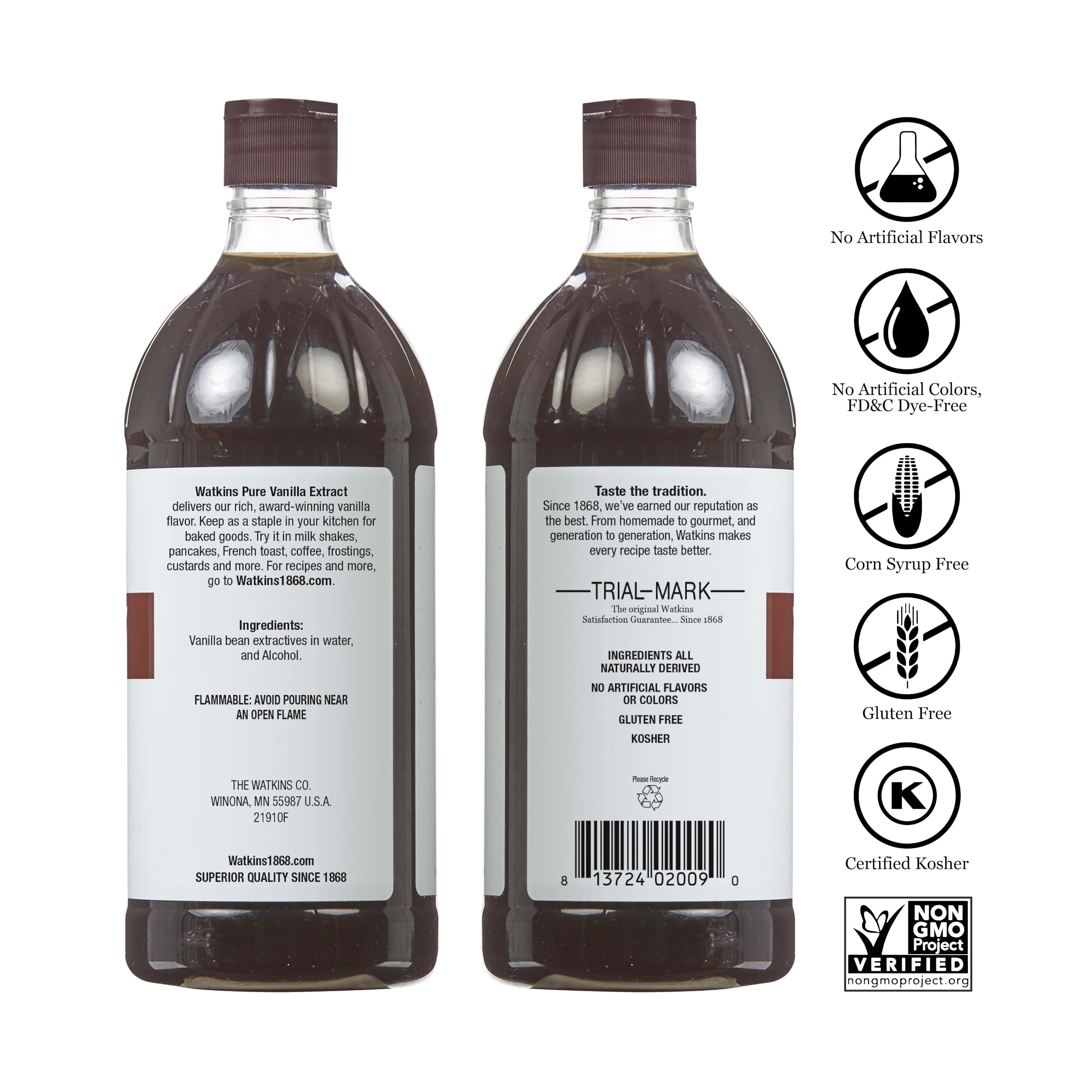 Watkins label closeup highlighting Madagascar vanilla beans and authentic sourcing