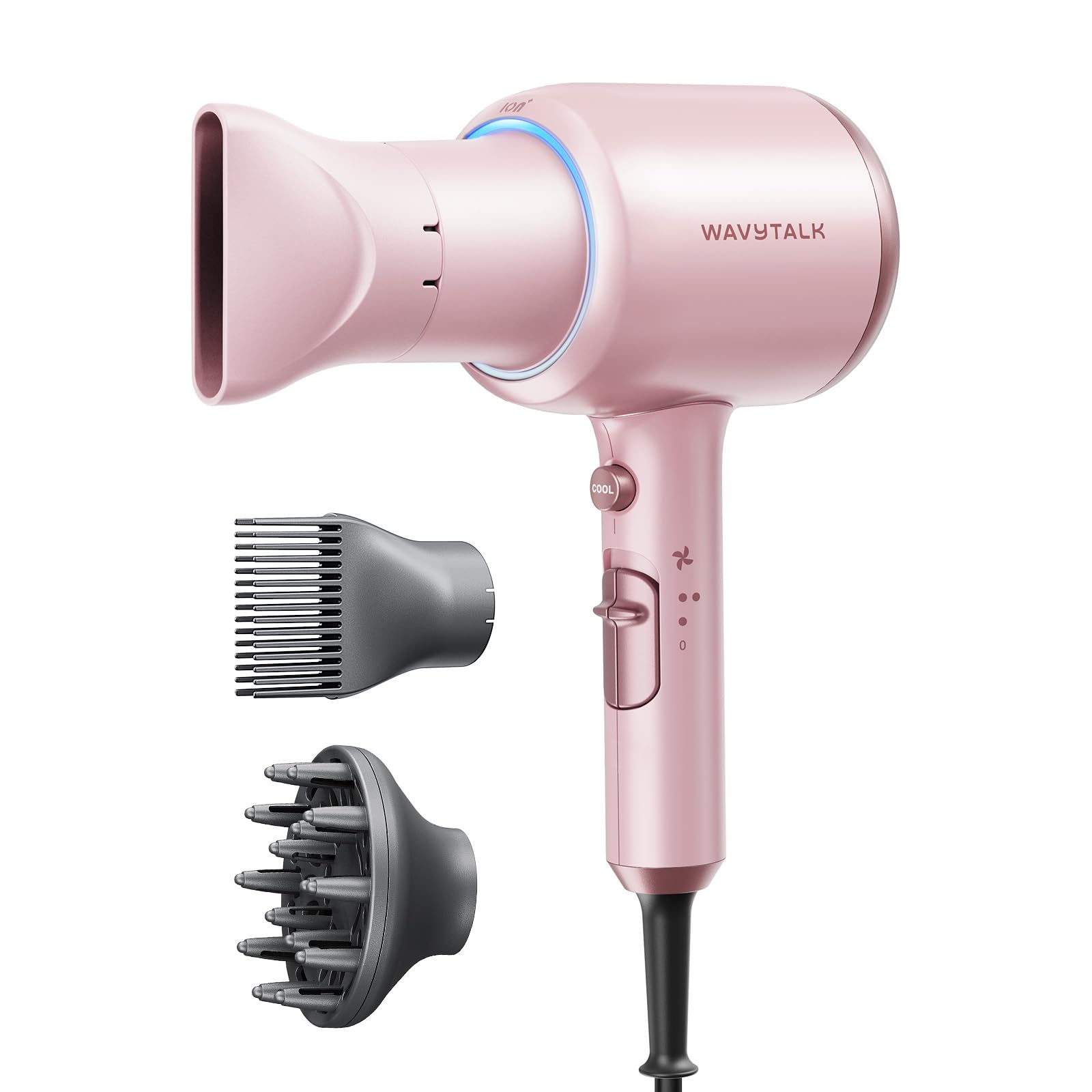 wavytalk hair dryer front view showing sleek design and fast drying benefit