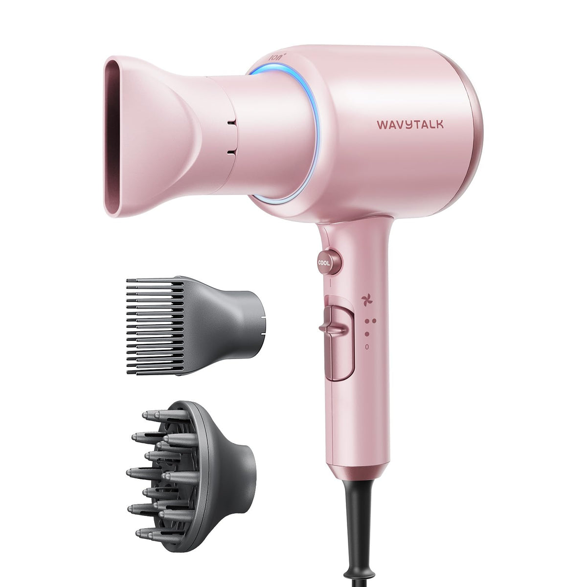 wavytalk hair dryer front view showing sleek design and fast drying benefit
