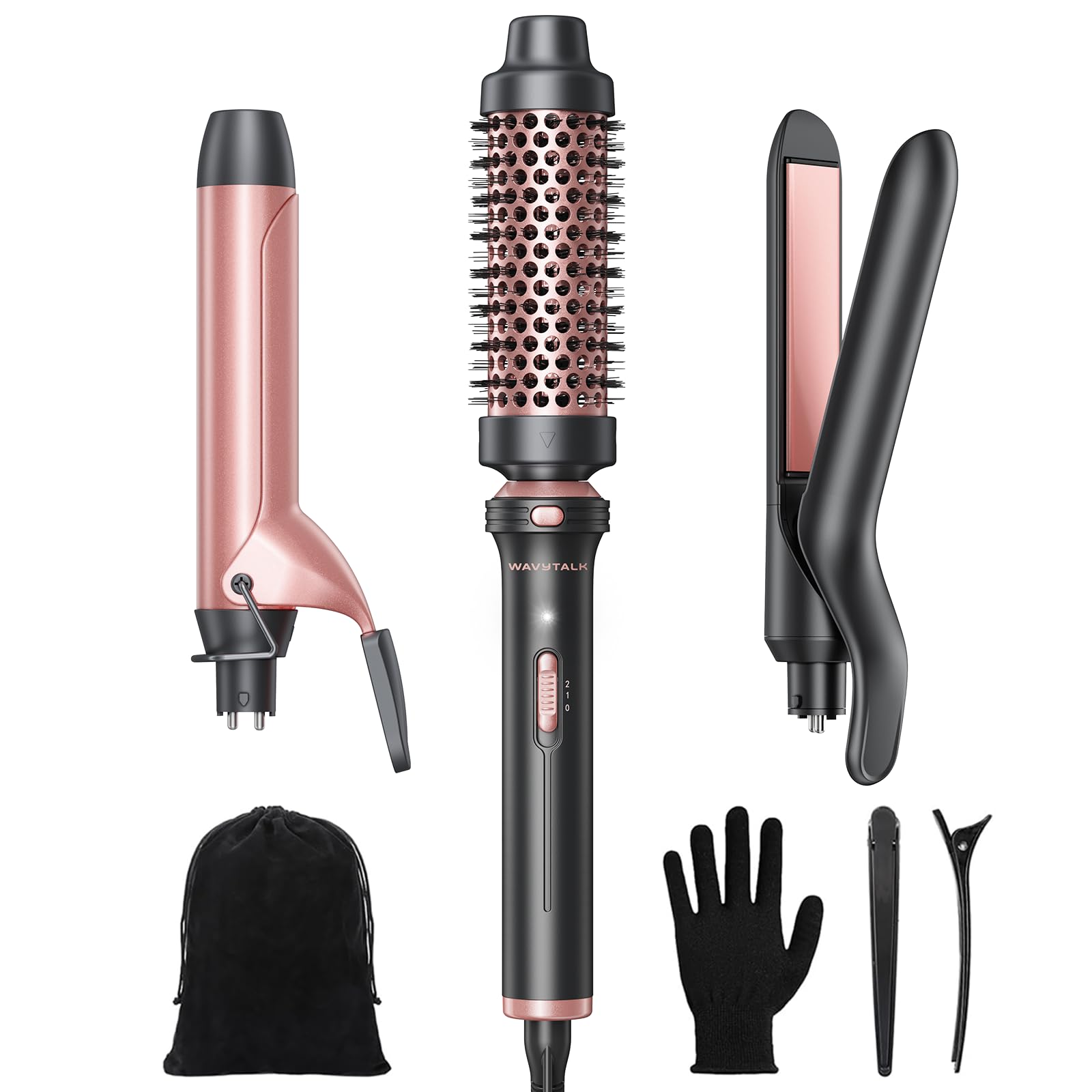 wavytalk front view of full 3-in-1 kit showing attachments and handle for compact styling