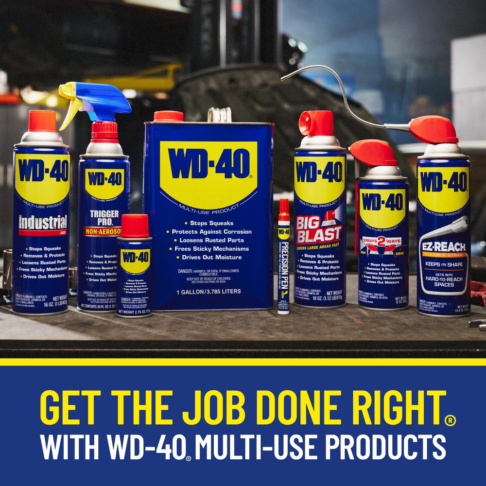 WD-40 cans in a toolbox on a workbench, ready for household and workshop tasks