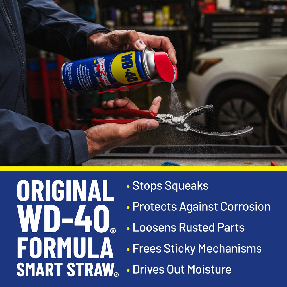 WD-40 being sprayed on a rusty hinge, loosening and lubricating moving parts