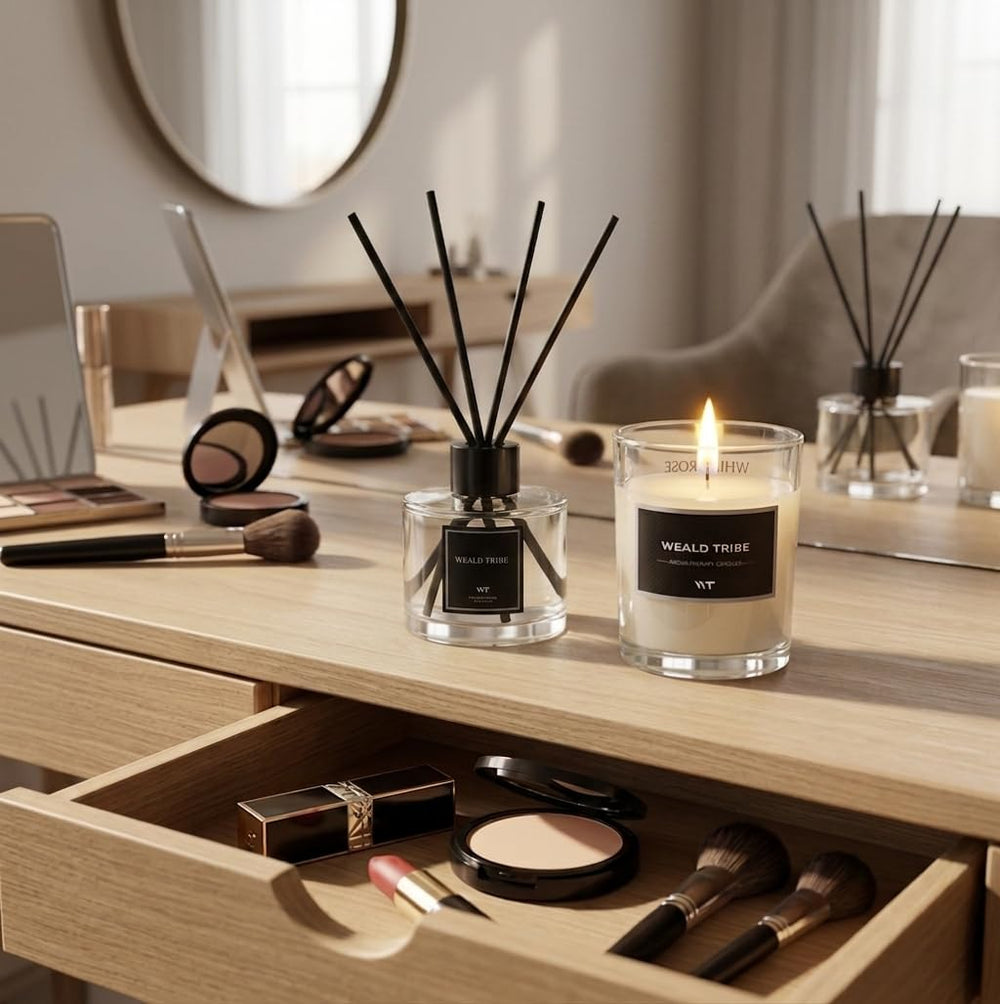 WEALD TRIBE on a bathroom shelf creating a fresh clean-smelling atmosphere