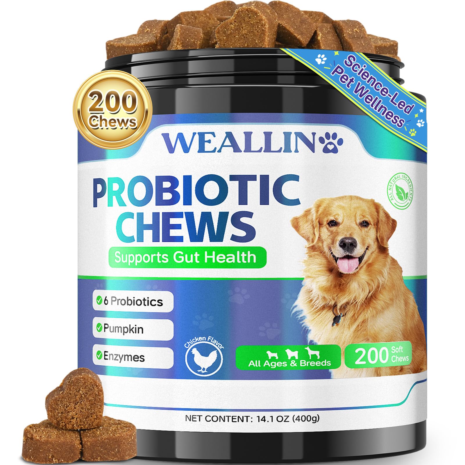 WEALLIN front packaging showing probiotic chews and benefits