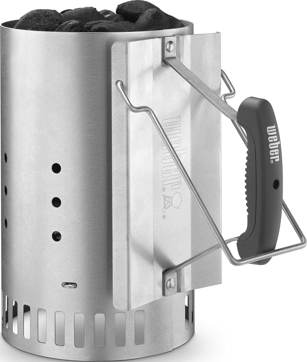 Weber Rapidfire front view showing silver chimney starter and stable base for quicker lighting