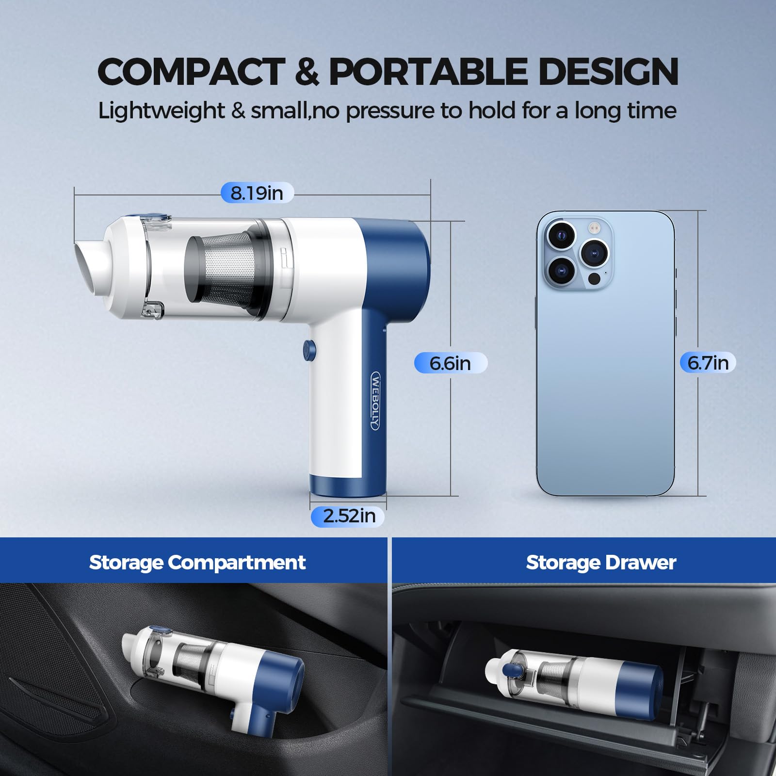 WEBOLLY dust cup and dual filters showing easy one-click emptying
