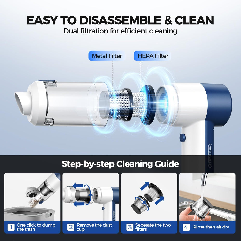 WEBOLLY held in hand demonstrating lightweight portable cleaning