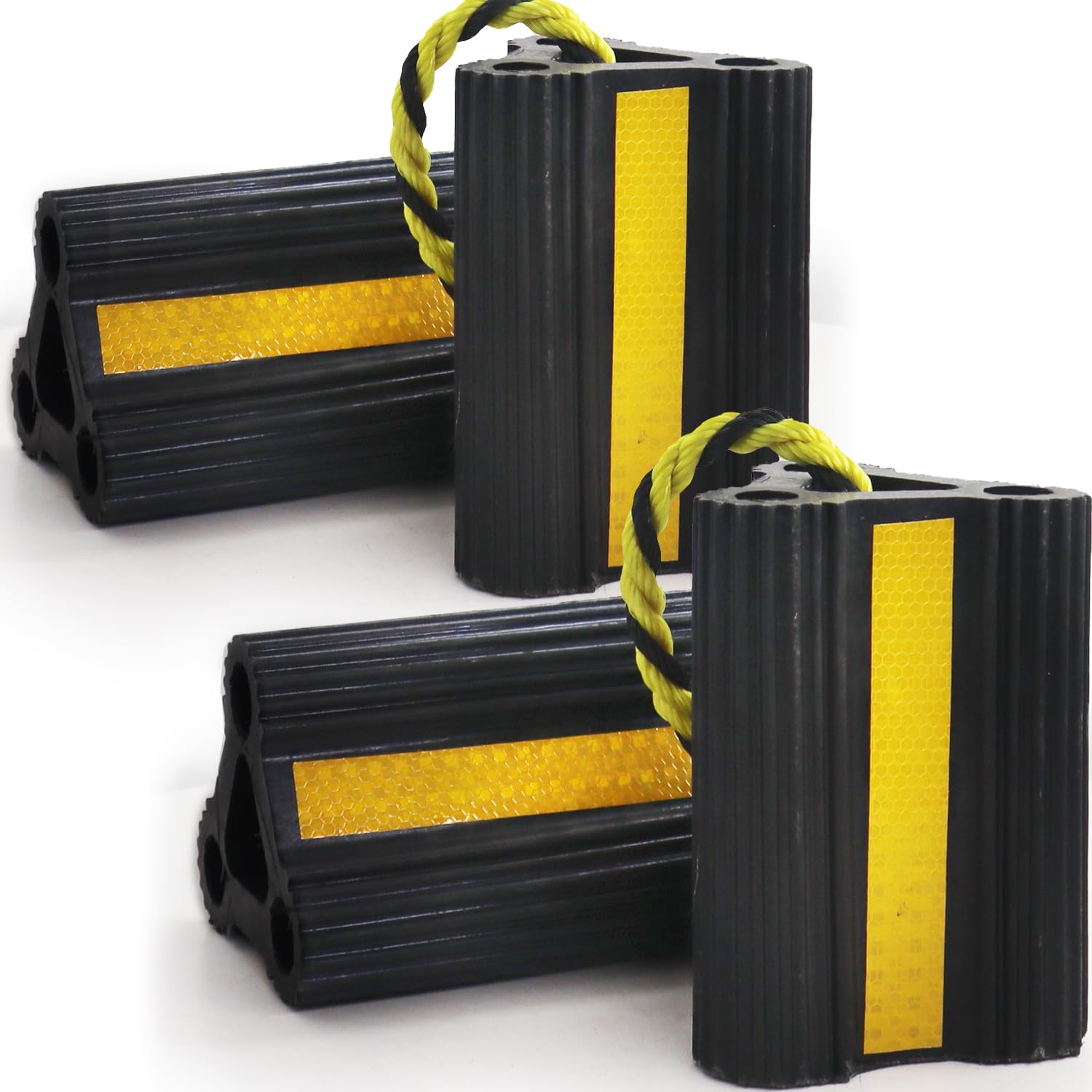 WECARLLE front view of wheel chocks showing sturdy rubber and secure fit