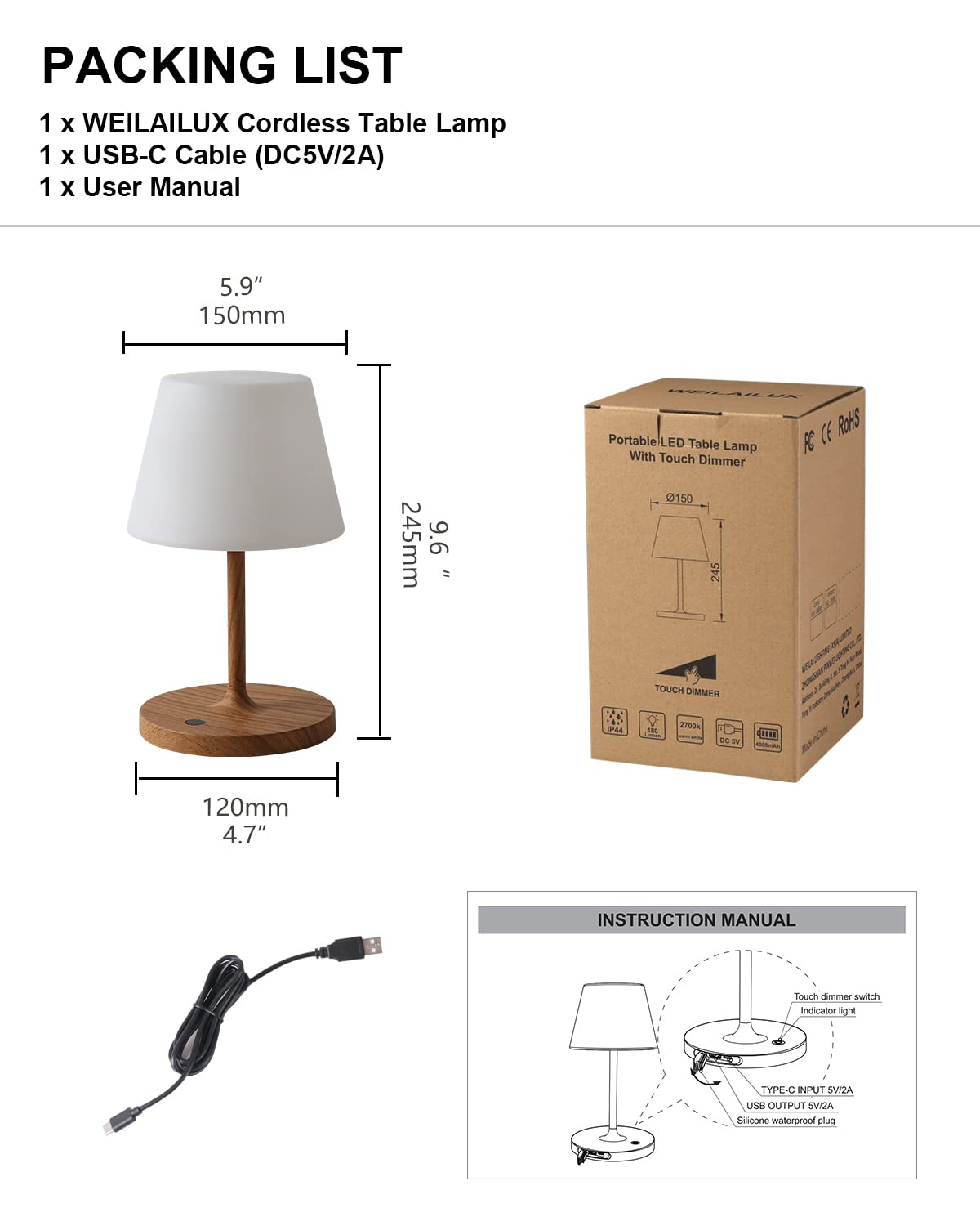 WEILAILUX packaging and included USB-C cable showing ready-to-use benefit