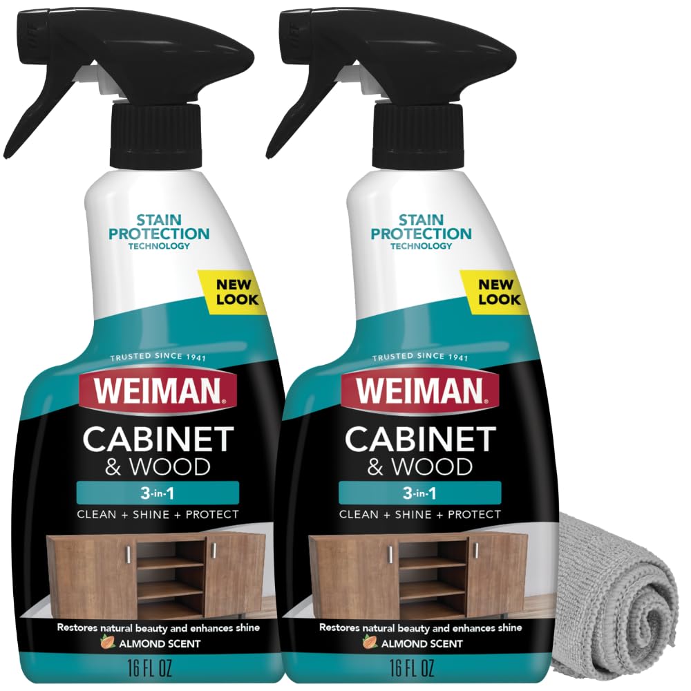 Weiman front packaging showing two bottles and microfiber towel for value and convenience