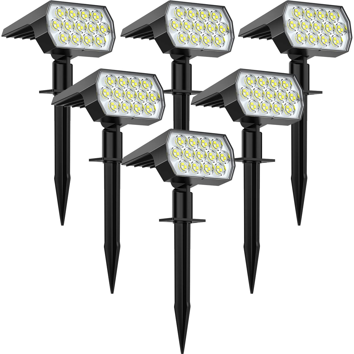 WELALO front view of six solar spotlights showing full outdoor lighting benefit
