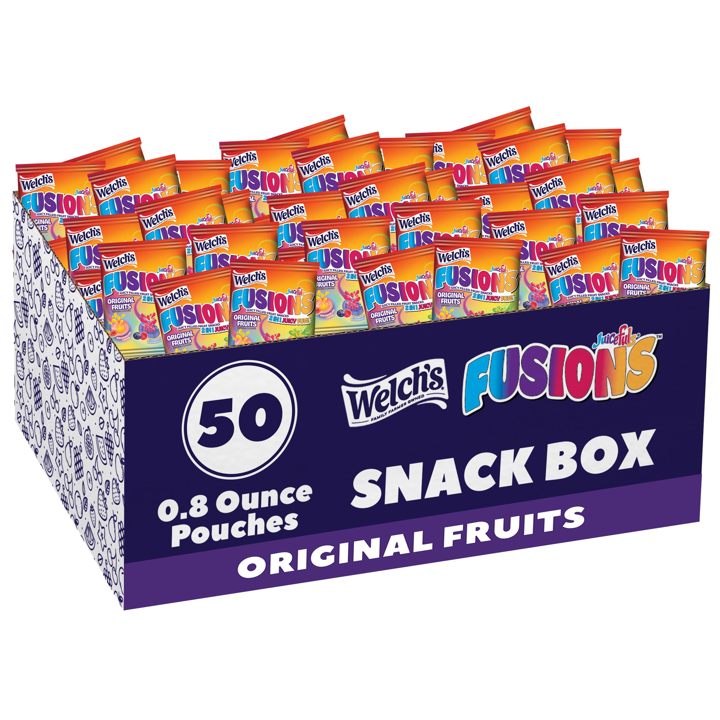 Welch's front packaging showing 50-count box and variety, convenient bulk supply