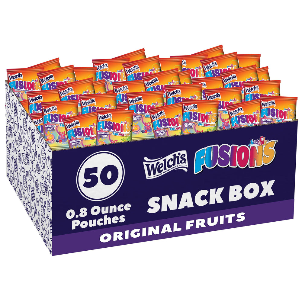 Welch's front packaging showing 50-count box and variety, convenient bulk supply